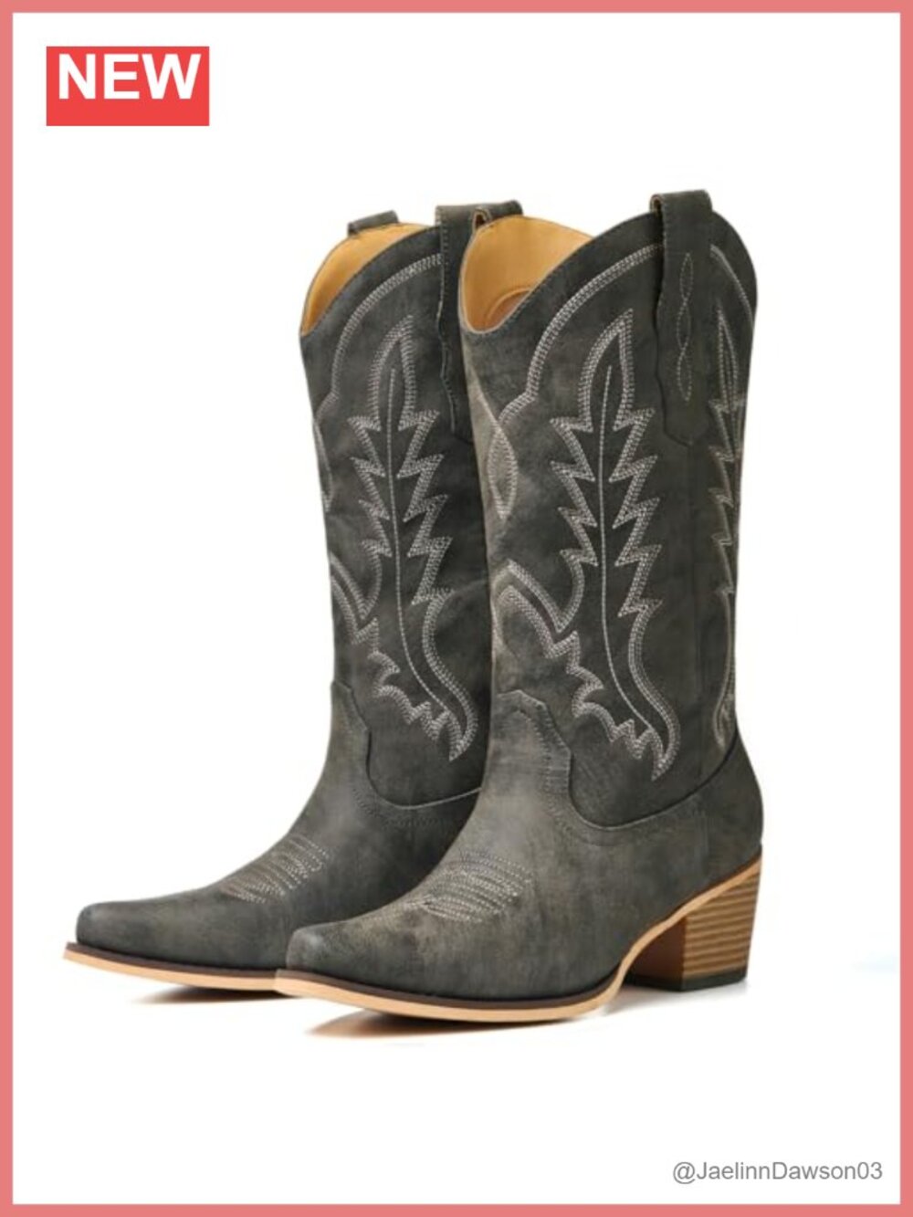 Cowboy Boots, Chunky Heel Western Boot, Women's Mid-Calf - Grey